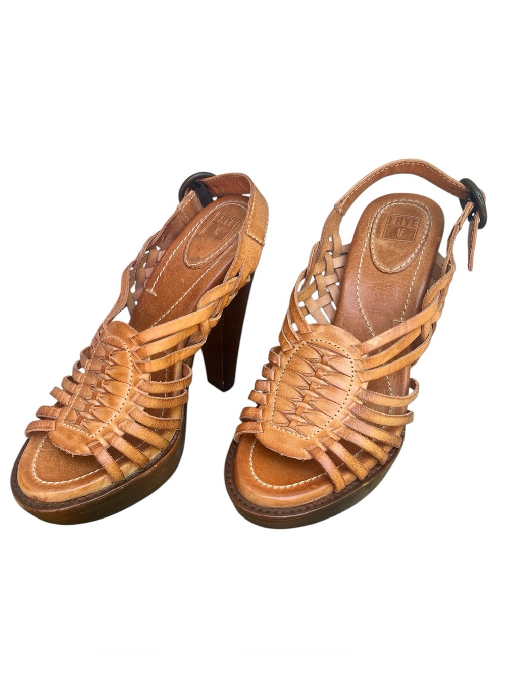 Frye Joy Huarache Slingback Woven leather strap wood heels SZ. 5.5